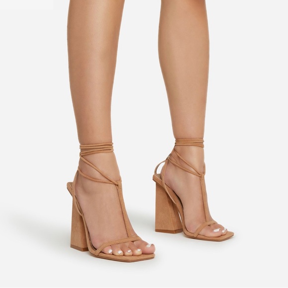 LATE-NIGHT LACE UP T-BAR STRAP SQUARE TOE BLOCK HEEL TAN BROWN FAUX SUEDE - Picture 2 of 5